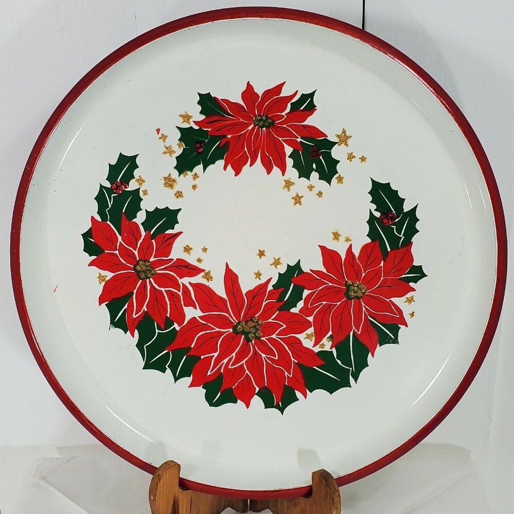Red Poinsettia Melamine Serving Tray 13" made In Japan Vintage MCM melmac